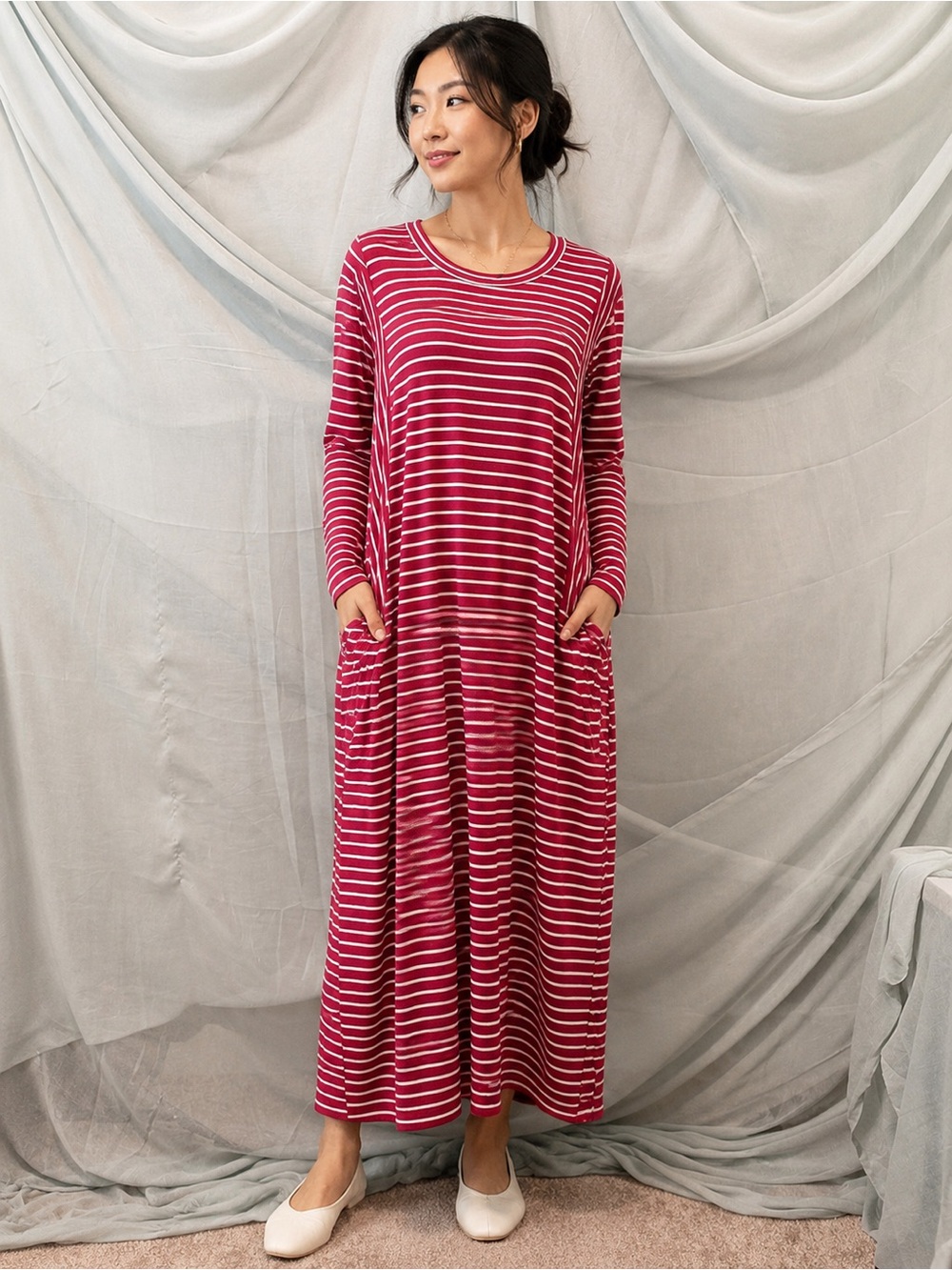 DownEast Red and White Striped Long Sleeve Dress